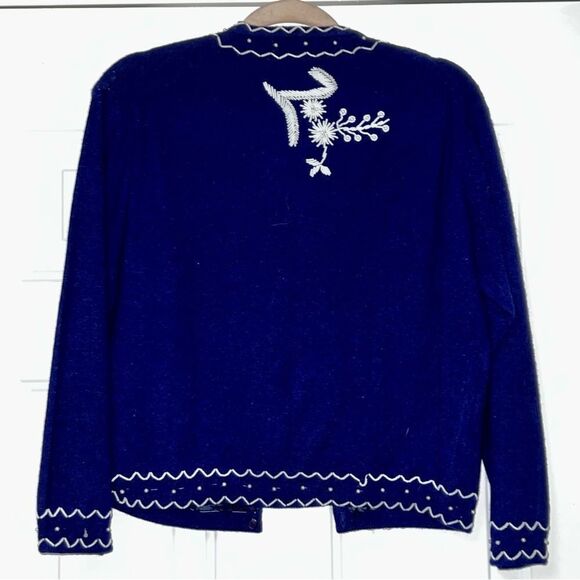 Vtg Cardigan Beaded Floral Navy Blue White Hand Made Cottagecore Lined Jacket M - Picture 6 of 15